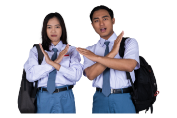 Indonesian Male and Female High School Student in Uniform Showing Cross Sign Saying No Isolated Transparent