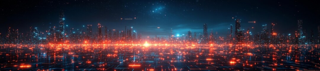 Obraz premium Vast Digital Cityscape with Glowing Lights in Cyberpunk World. Generative AI