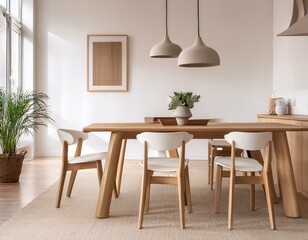 White and wooden minimalistic dining room interior