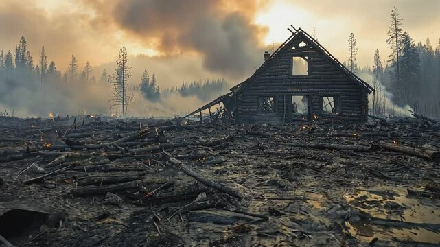 Aftermath of Destruction: A haunting image of a burned-down cabin stands amidst a landscape of devastation, shrouded in smoke, and conveying the aftermath of a natural disaster.