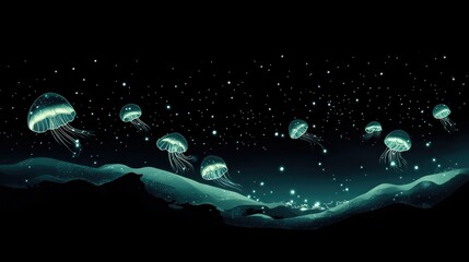 Ethereal Jellyfish Swimming in Starry Ocean Night Sky Illustration
