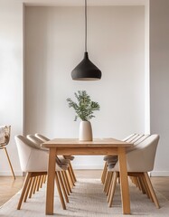 White and wooden minimalistic dining room interior