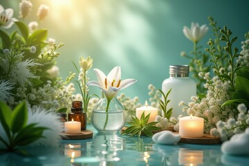 Calming Light Scents. Aromatherapy candles flowers bottles spa relaxat