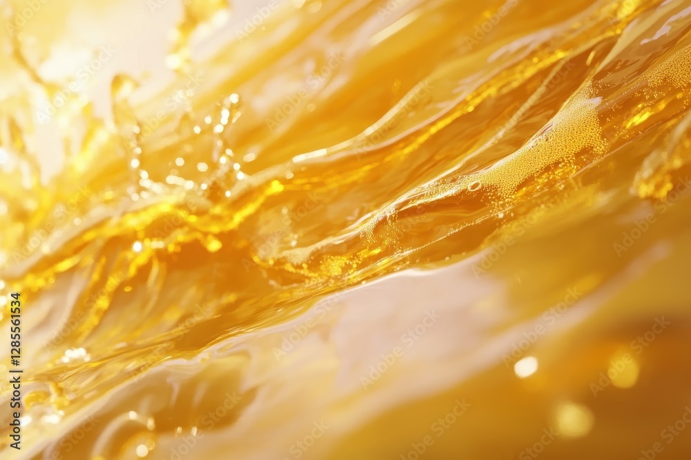 Poster Liquid flows seamlessly across the frame, showcasing vibrant shades of gold and dynamic movement, 4K Liquid flows across the frame 3D CGI Seamless