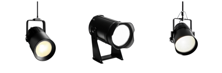 A Set of Modern LED Stage Spotlight Illustrations with Subtle Soft Shadows and Dynamic Lighting Effects Isolated on transparent Background