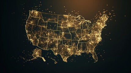 Golden USA map silhouette with abstract wealth metaphors AR 169 6V