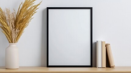 Elegant Minimalist Mockup Showcase Your Art or Photography with This Simple yet Stylish Scene Featuring a Blank Frame, Decorative Vase, and Books on a Wooden Surface Perfect for Interior Design, Art