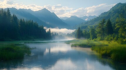 Serene Mountain Landscape with Glowing Mist and Tranquil River Cutting Through