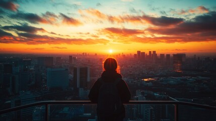 Fototapeta premium Person Contemplating Sunrise Over Tokyo City Skyline