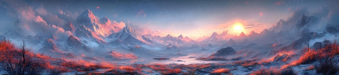 Majestic winter mountains with glowing red-orange hues under the starry sky. Generative AI