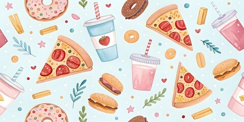 Colorful Food Pattern with Pizza, Donuts, and Drinks on a Blue Background