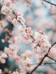 Delicate Cherry Blossom Branches in Full Bloom Against Blurred Blue Sky Background : Generative AI