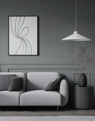 Minimalistic gray living room interior, poster
