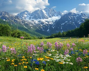 Obraz premium Glowing Alpine Meadow Surrounded by Jagged Peaks and Colorful Wildflowers Under Serene Sky