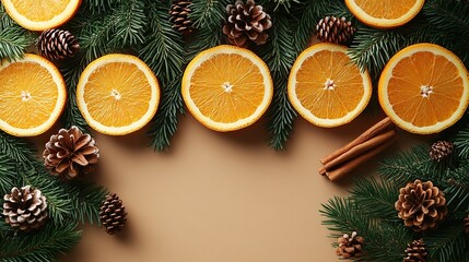 Fir branches, mistletoe, orange slices, pine cones, and cinnamon sticks on beige with copy space.