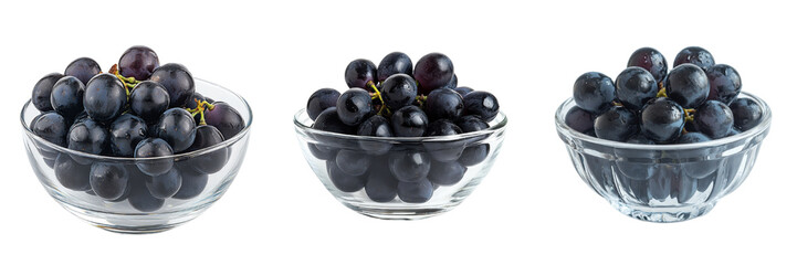 Fototapeta premium A Set of Vibrant Black Grapes Presented in a Modern Glass Bowl with Distinctive Style and Gourmet Detailing Isolated on transparent Background