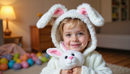 Fototapeta premium A joyful child dressed as an Easter bunny holds a toy rabbit, surrounded by vibrant Easter eggs. This charming scene celebrates the playful traditions of the holiday.