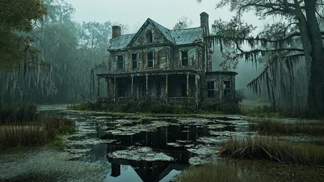 Haunted House: A spooky and atmospheric image of an old, decaying house in a swamp, shrouded in mist, evoking a sense of mystery and suspense. 