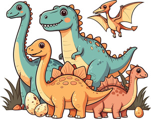 Naklejka premium Adorable Cartoon Dinosaurs Illustration Stegosaurus, T-Rex, Pterodactyl, and More