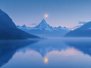 Serene Mountain Lake Reflecting Crescent Moon and Starry Sky