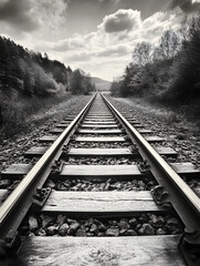 Fototapeta premium Monochrome Scenic Rail Tracks Leading Through Serene Forest Landscape with Dramatic Clouds : Generative AI