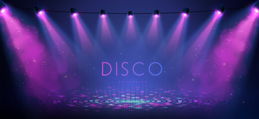 Disco party showcase background with neon dance floor, smoke and spot light beams. Disco ball background. Vector illustration