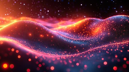 Obraz premium Flowing data waves represent big data concepts in a dynamic digital landscape, showcasing vibrant patterns and colors that evoke a sense of movement and innovation.