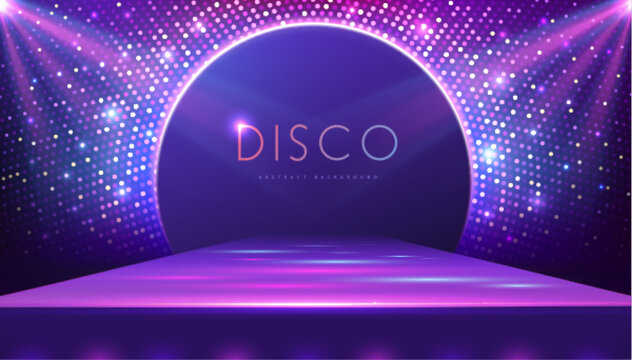 Disco party showcase background with 3d podium, disco ball sequin glitter texture and spot light beams. Disco ball background. Vector illustration - Powered by Adobe