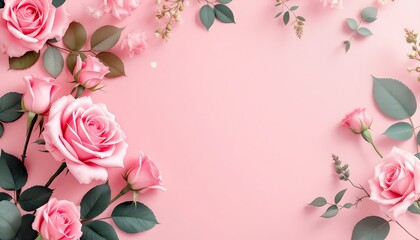 Fototapeta premium Pink Roses and Greenery: A Delicate Floral Arrangement