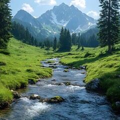 Obraz premium Majestic Mountain Stream Winding Through Lush Green Valley Under Towering Peaks