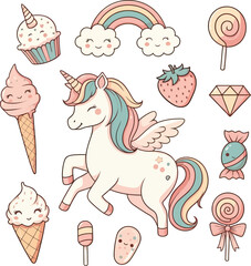 Adorable Unicorn with Rainbow, Sweets & Treats Cute Kawaii Pastel Design