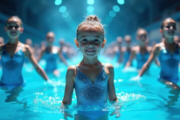 Water Park Fun. Young girl in blue swimsuit smiling dancing poolside s