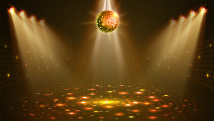 Disco party showcase background with neon dance floor, disco ball and spot light beams. Disco ball golden background. Vector illustration