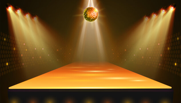 Disco party showcase background with 3d podium, disco ball and spot light beams. Disco ball golden background. Vector illustration