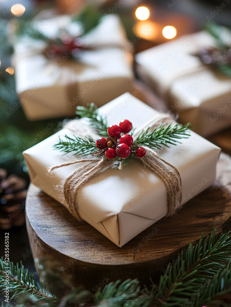 Poster Rustic Christmas Present with Pine Needles and Red Berries on a Wooden Block : Generative AI