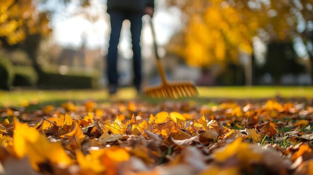 Person raking leaves in autumn park; outdoor fall chore; possible use for fall season or home improvement website - Powered by Adobe
