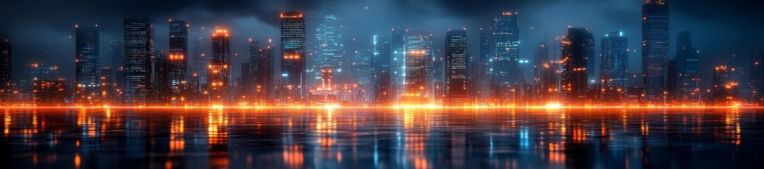 Fototapeta premium Stunning futuristic city skyline with glowing lights over water at night. Generative AI