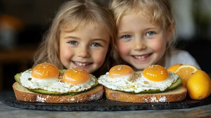 Twin girls enjoy breakfast avocado toast with topped fried eggs