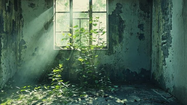 Sunlit Hope in Decay: A ray of sunlight streams through a window illuminating a resilient plant growing inside a dilapidated room, creating a poignant juxtaposition of decay and burgeoning life.