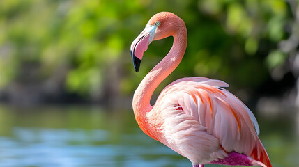 Obraz premium Elegant Flamingo in Lush Green Habitat by Tranquil Waters Under Bright Sunlight : Generative AI