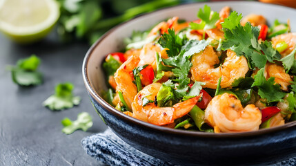 Vibrant and Fresh Shrimp Salad Tossed with Herbs and Spices : Generative AI