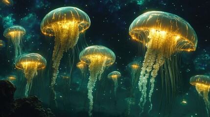 Obraz premium Ethereal Jellyfish Swimming in Deep Ocean with Glowing Tentacles