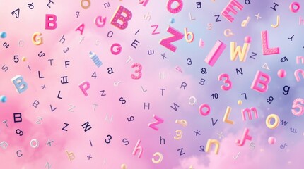 Colorful letters and numbers float against a dreamy pastel sky, creating a whimsical and playful atmosphere.