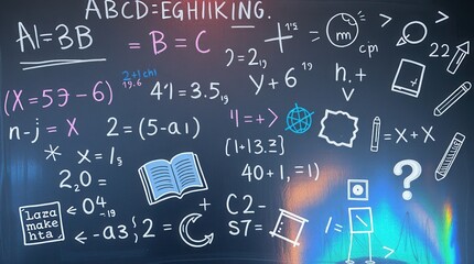 Chalkboard covered in handwritten equations, symbols and diagrams for science, technology, engineering, math.