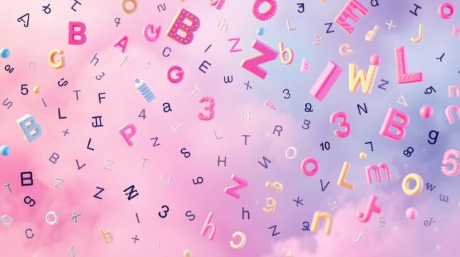 Colorful letters and numbers float against a dreamy pastel sky, creating a whimsical and playful atmosphere.