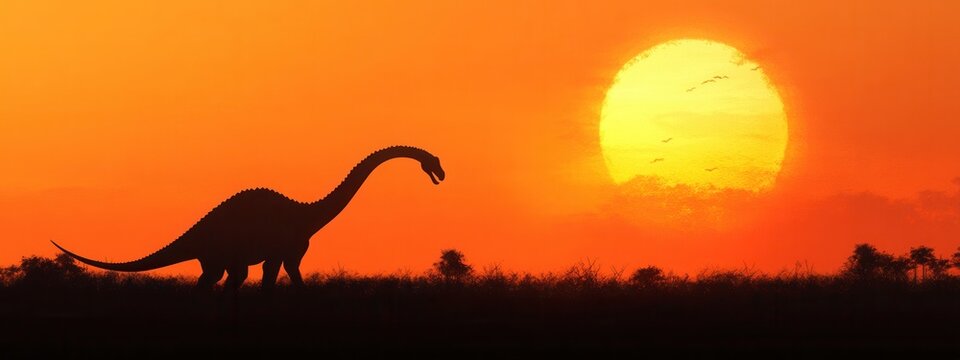 Majestic Dinosaur Silhouette Against a Vibrant Sunset in a Serene Landscape