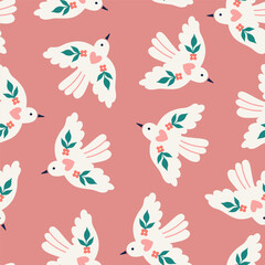 Simple seamless pattern with flying white birds on a pink background. Vector graphics.