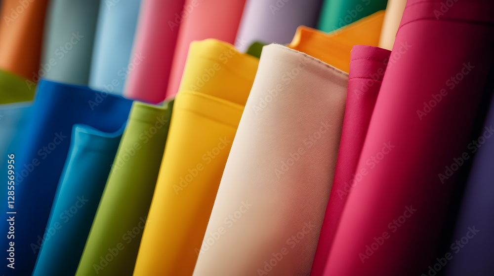 Poster Vibrant Display of Multicolored Fabric Rolls in Various Textures and Patterns : Generative AI