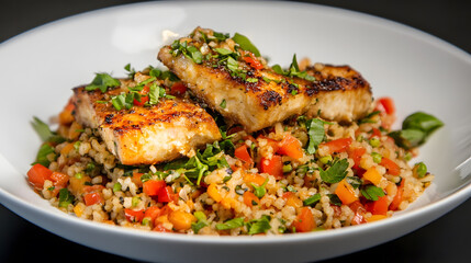 Grilled Fish Fillet on Fresh Vegetable Quinoa Salad in Gourmet Presentation : Generative AI