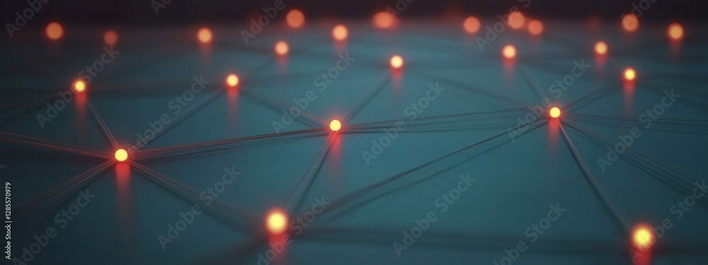 Poster abstract network structure with glowing nodes connected by lines on a blue surface
